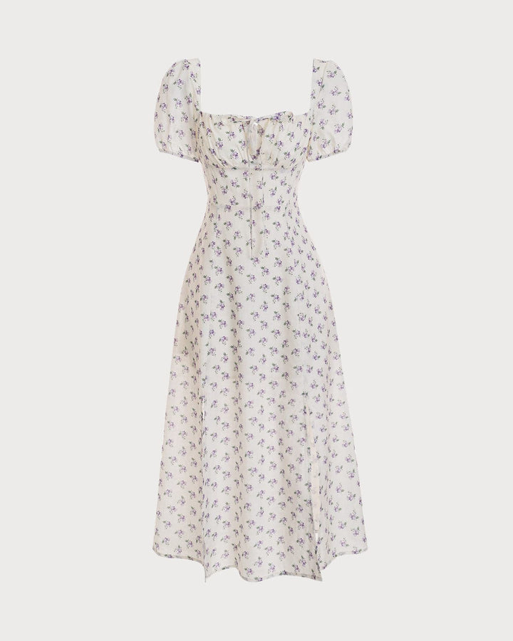 Elegante Abito Midi Floreale Scollo Quadrato Arricciato