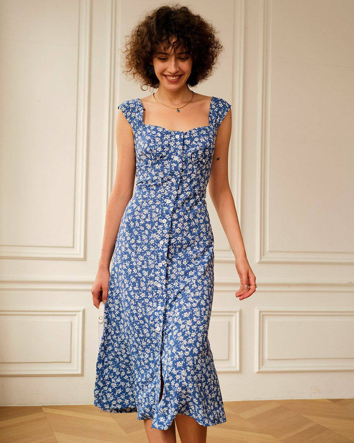 Elegante Abito Midi Floreale Scollo Cuore Donna