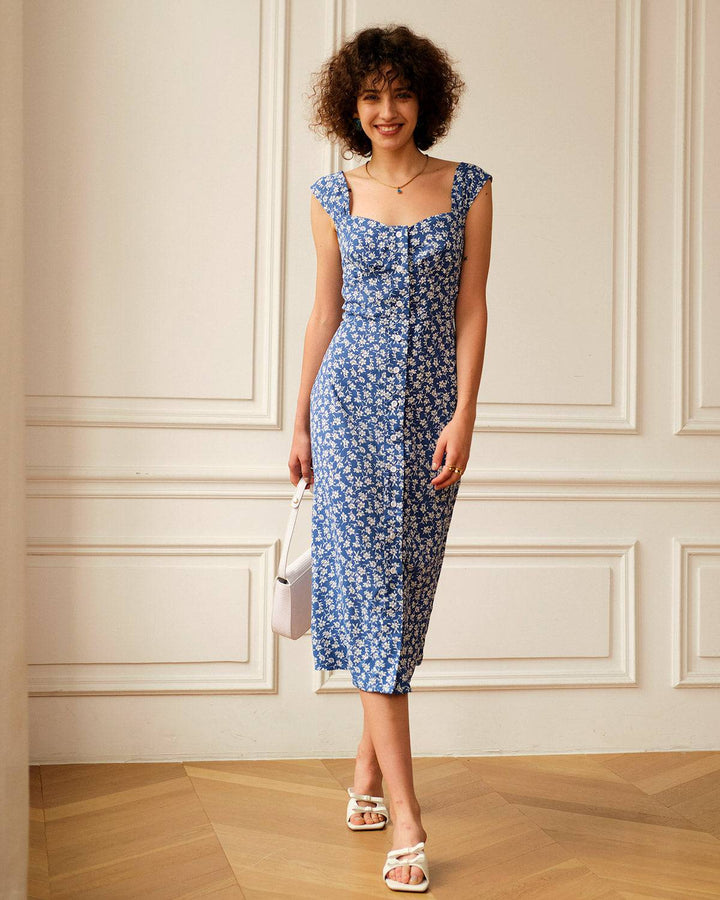 Elegante Abito Midi Floreale Scollo Cuore Donna