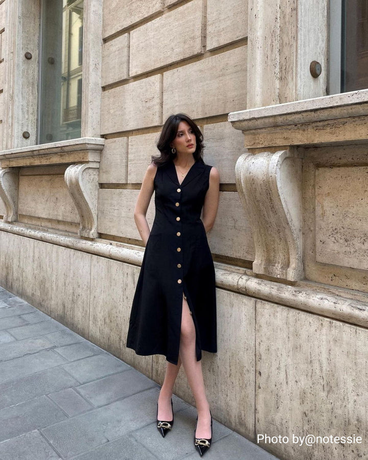 Elegante Abito Midi Nero Donna Scollo V Tunica Ufficio