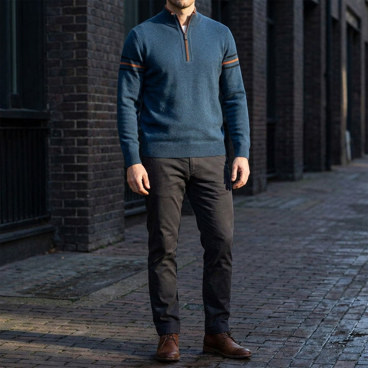Maglione Uomo Quarter Zip Collo Alto con Righe a Contrasto