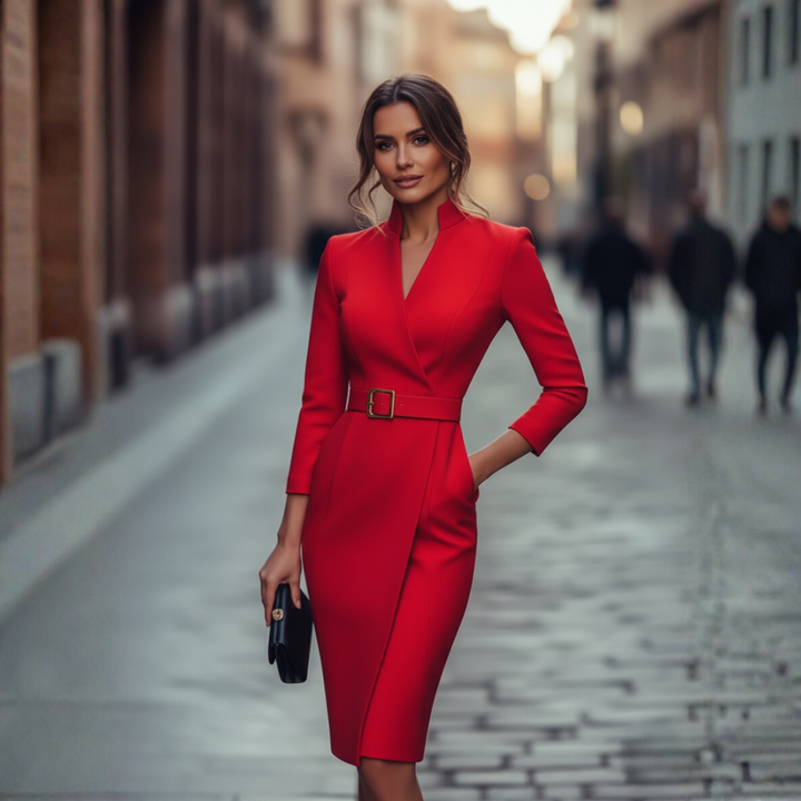 Deciso abito donna midi a tubino scollo V con cintura