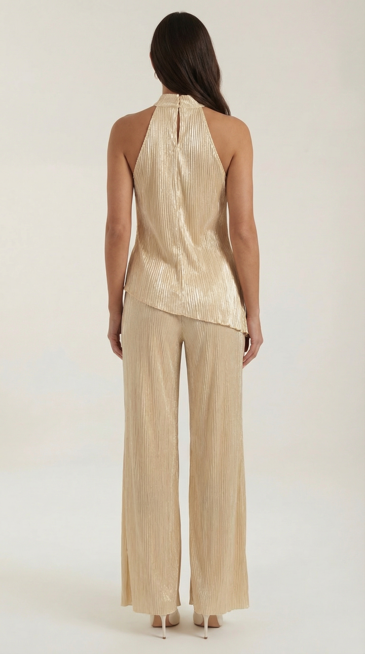 Elegante Set Donna Halter Schiena Scoperta Pantaloni Larghi