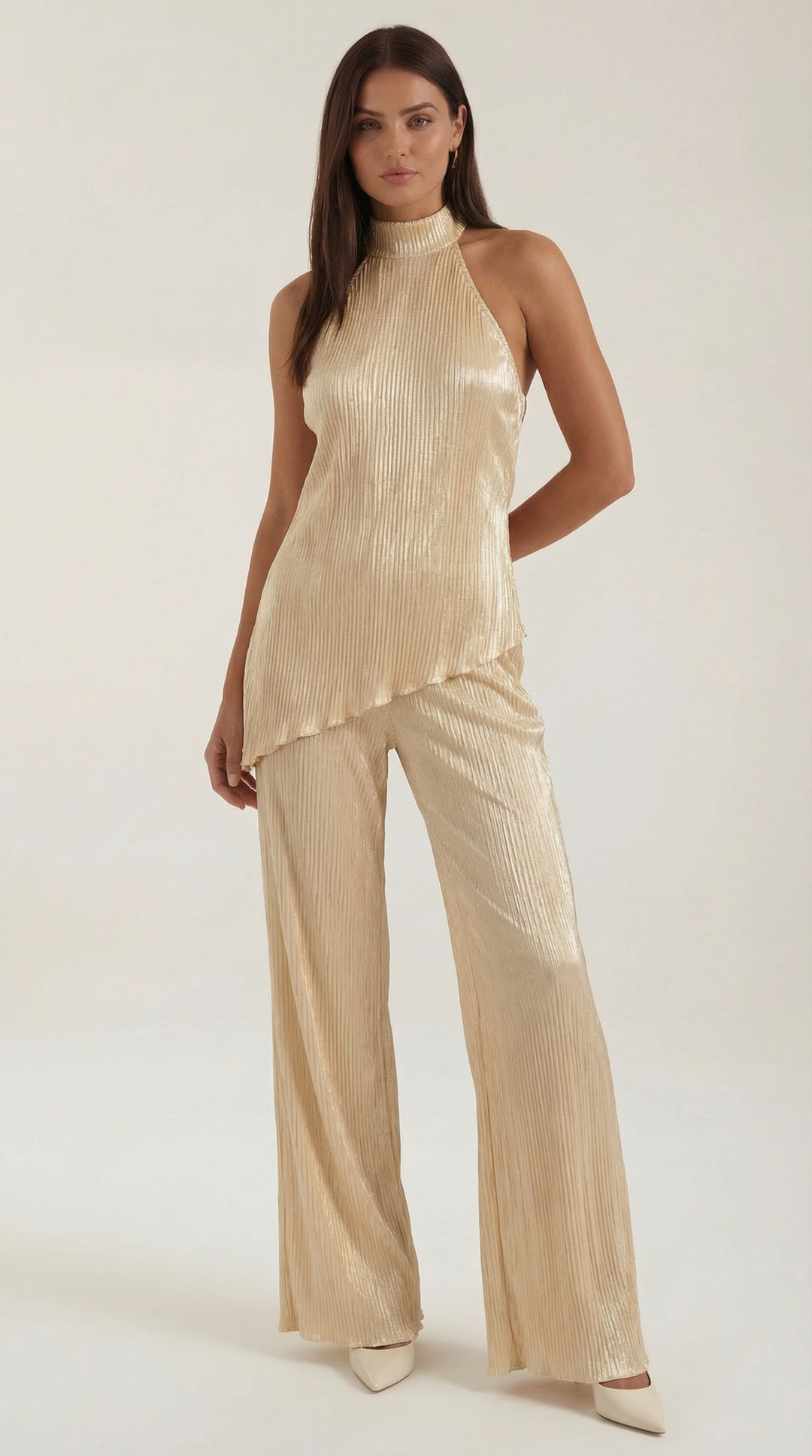 Elegante Set Donna Halter Schiena Scoperta Pantaloni Larghi