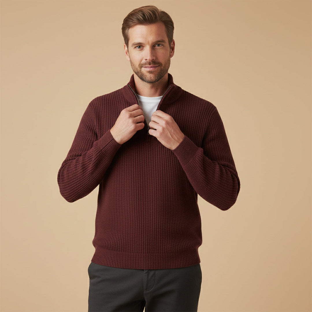 Maglione Uomo con Mezza Zip e Collo a Costine