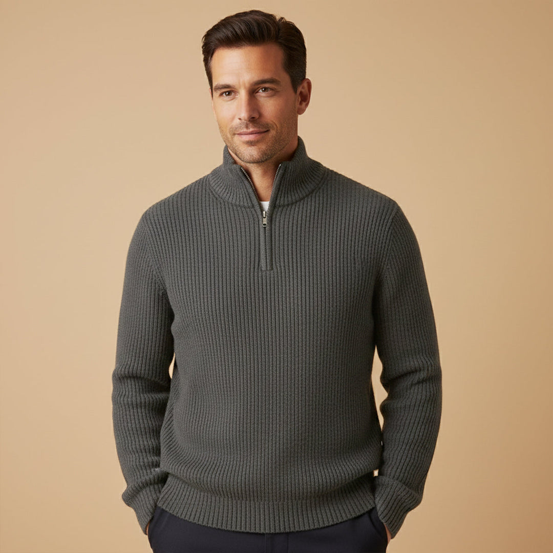 Maglione Uomo con Mezza Zip e Collo a Costine