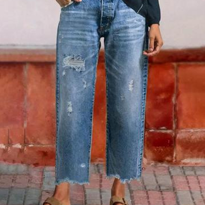 Baggy Jeans Donna Vita Alta Orlo Sfrangiato