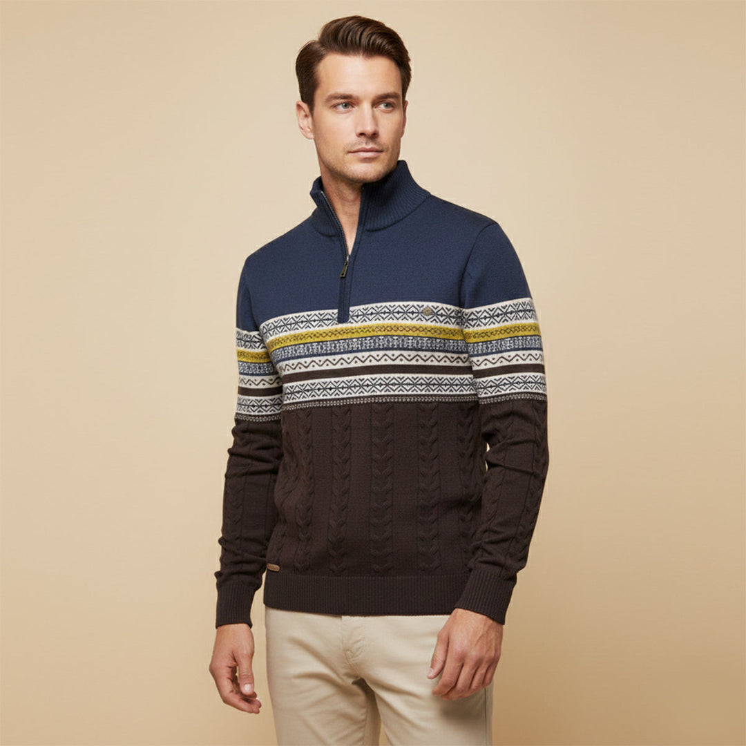 Maglione Uomo in Cotone con Mezza Zip e Motivo Fair Isle
