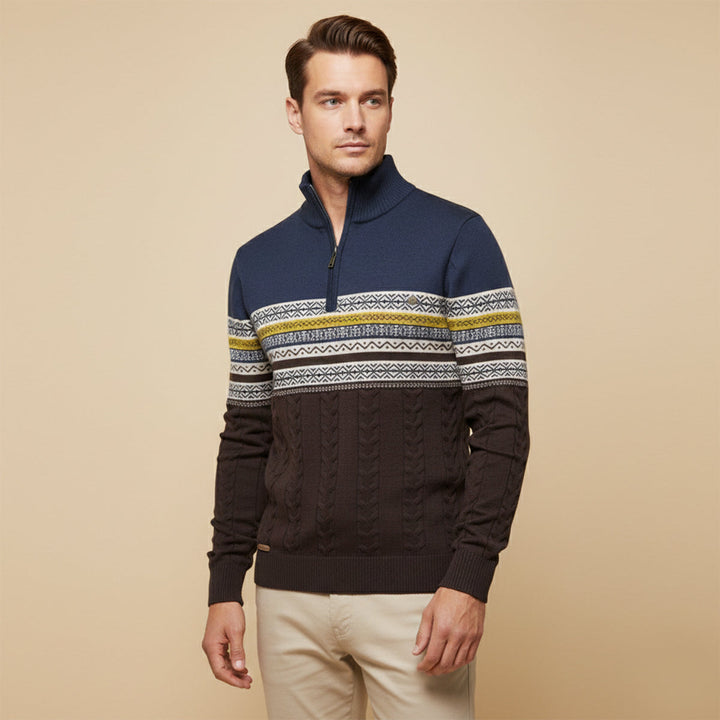 Maglione Uomo in Cotone con Mezza Zip e Motivo Fair Isle