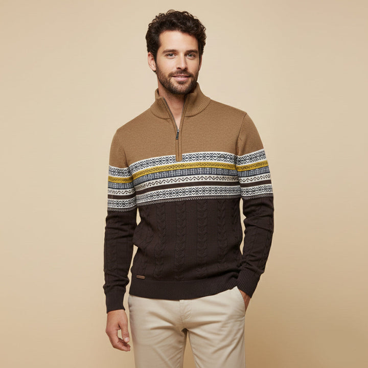 Maglione Uomo in Cotone con Mezza Zip e Motivo Fair Isle
