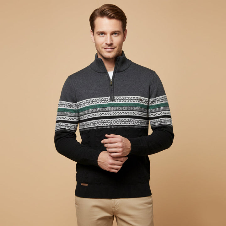 Maglione Uomo in Cotone con Mezza Zip e Motivo Fair Isle