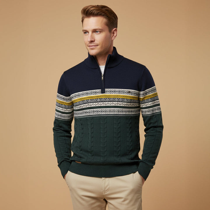 Maglione Uomo in Cotone con Mezza Zip e Motivo Fair Isle