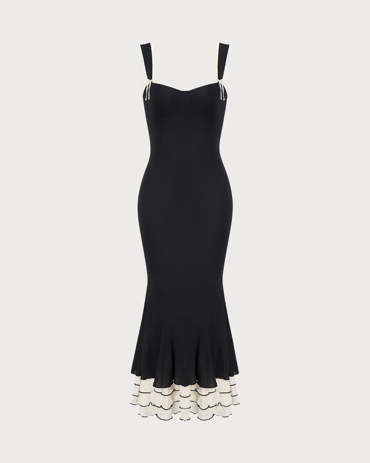 Elegante Abito Lungo Nero Scollo Cuore Donna