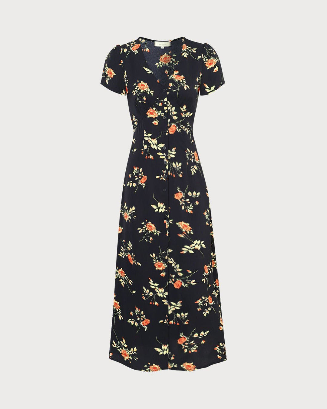 Abito estivo midi floreale nero con scollo a V e maniche corte