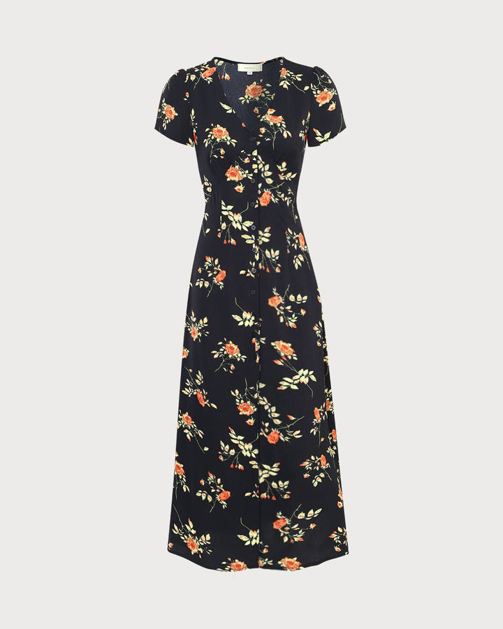 Abito estivo midi floreale nero con scollo a V e maniche corte