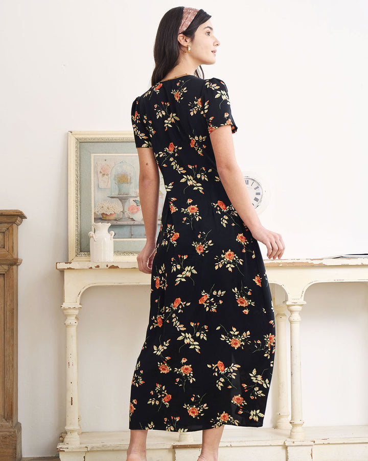 Abito estivo midi floreale nero con scollo a V e maniche corte