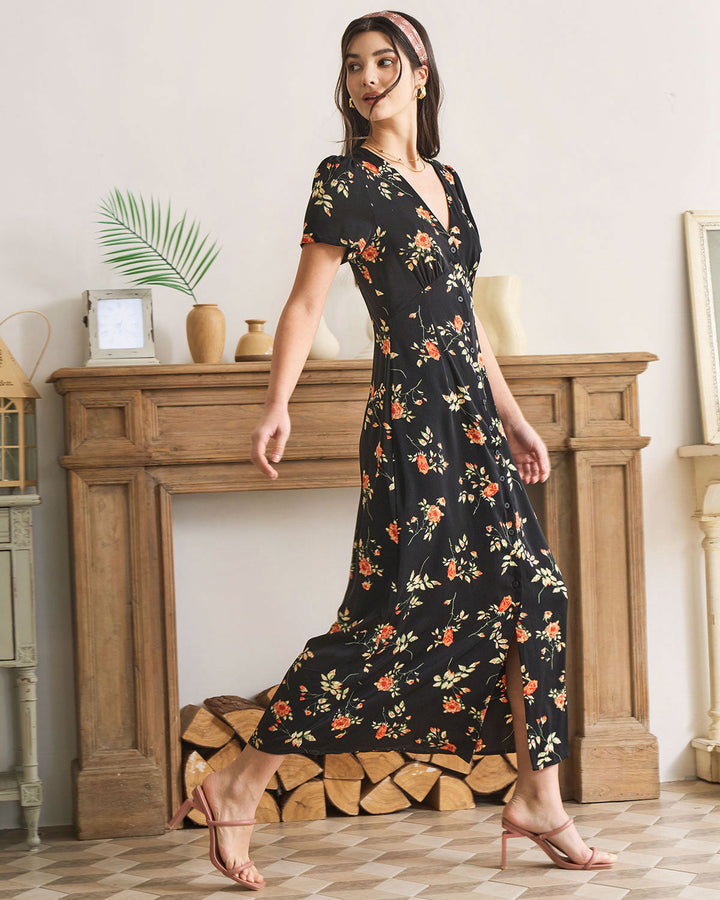 Abito estivo midi floreale nero con scollo a V e maniche corte