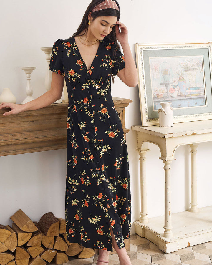 Abito estivo midi floreale nero con scollo a V e maniche corte