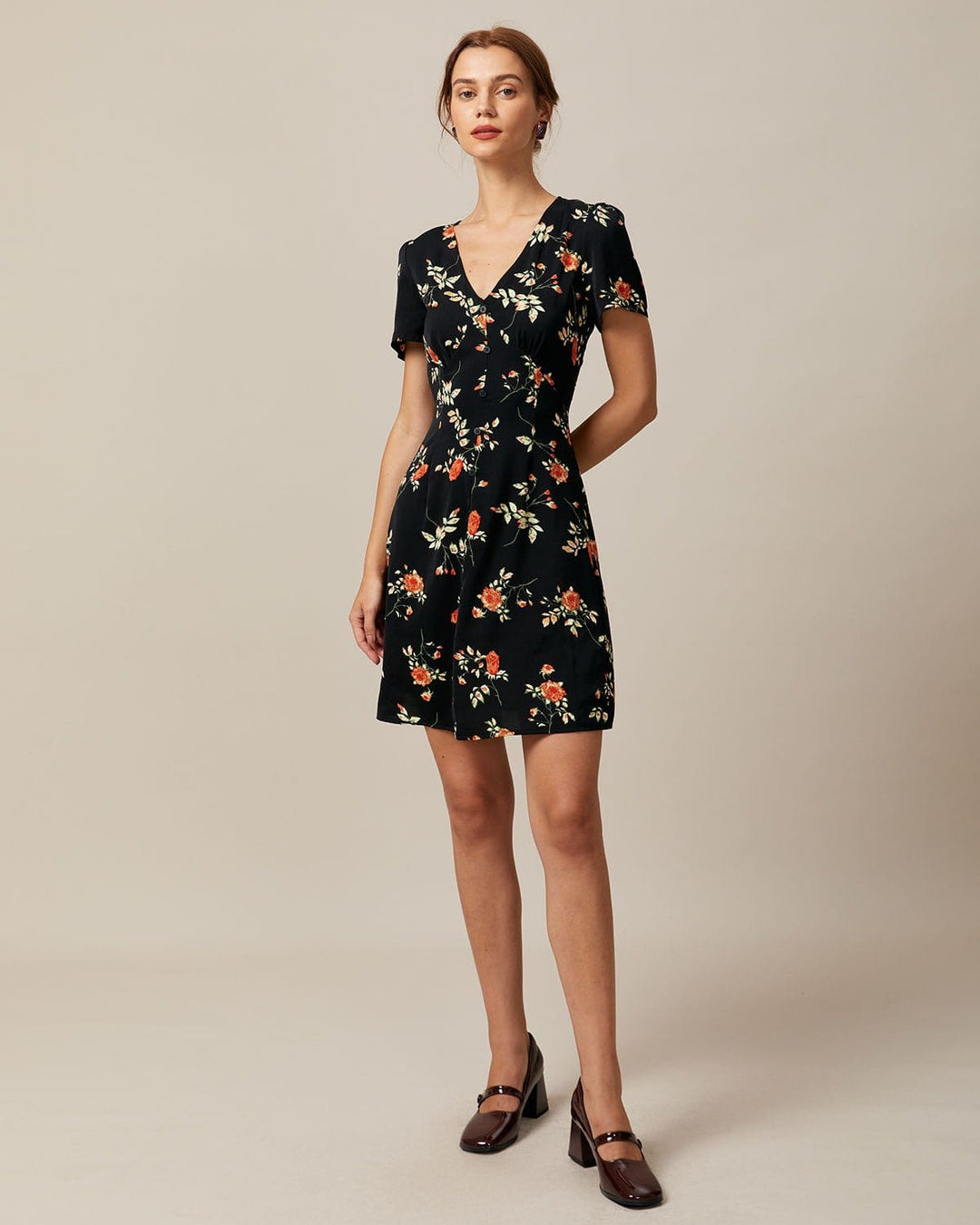 Elegante Abito Mini Floreale Scollo a V Abbottonato Linea A