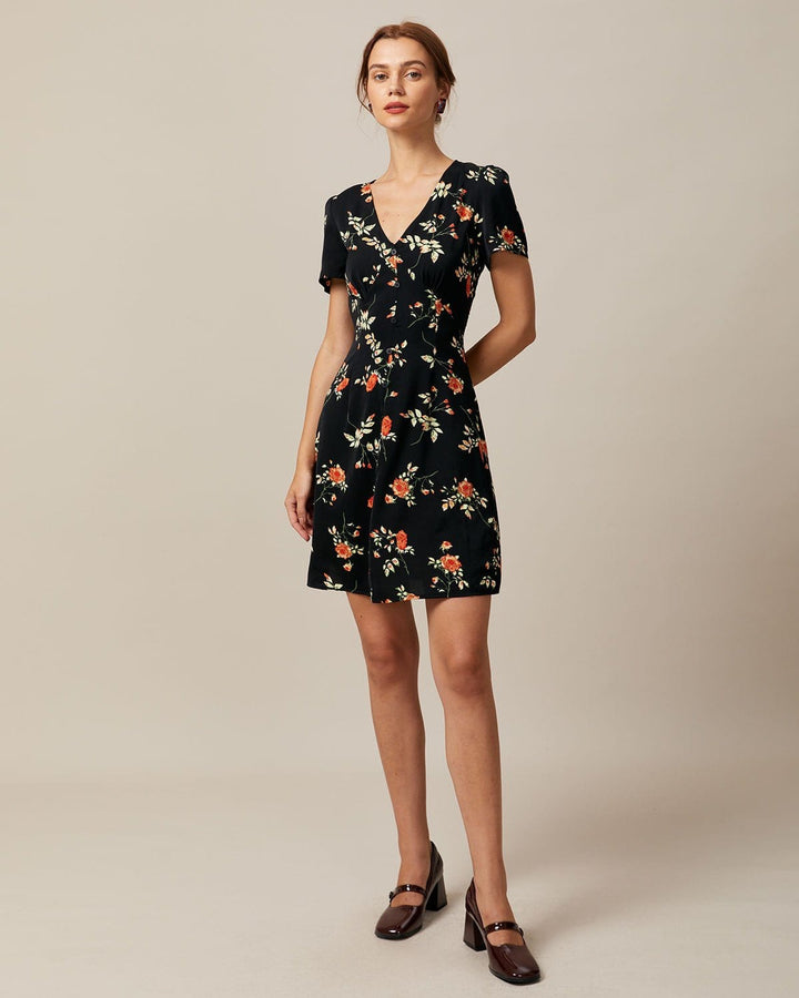 Elegante Abito Mini Floreale Scollo a V Abbottonato Linea A