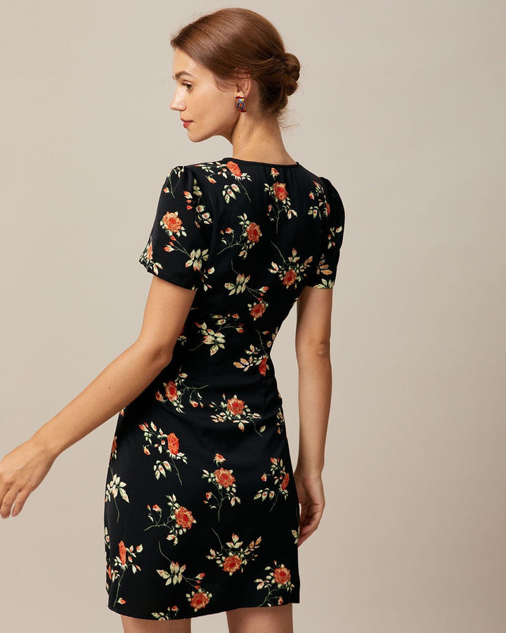 Elegante Abito Mini Floreale Scollo a V Abbottonato Linea A
