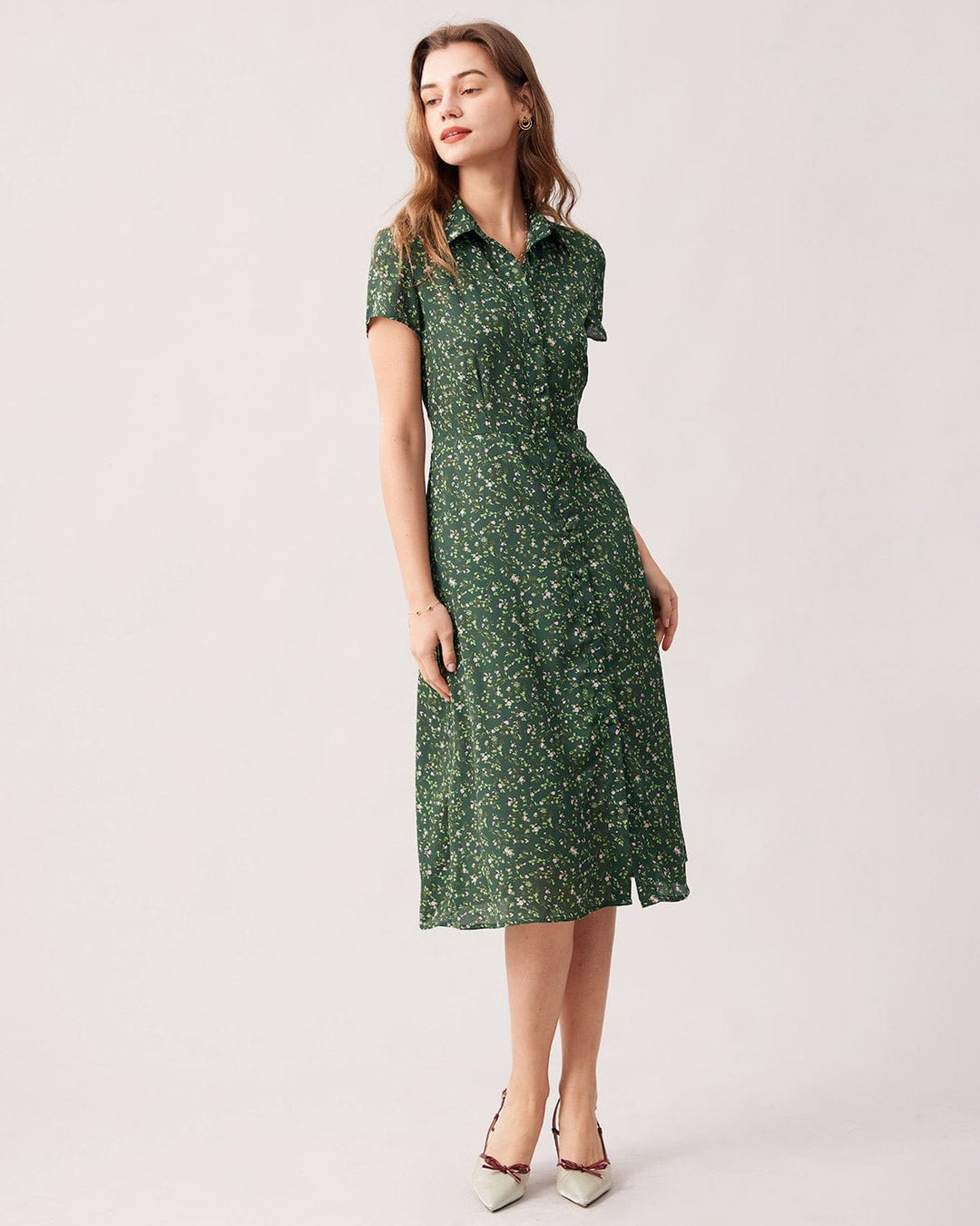Elegante Abito Midi Floreale Colletto Maniche Corte