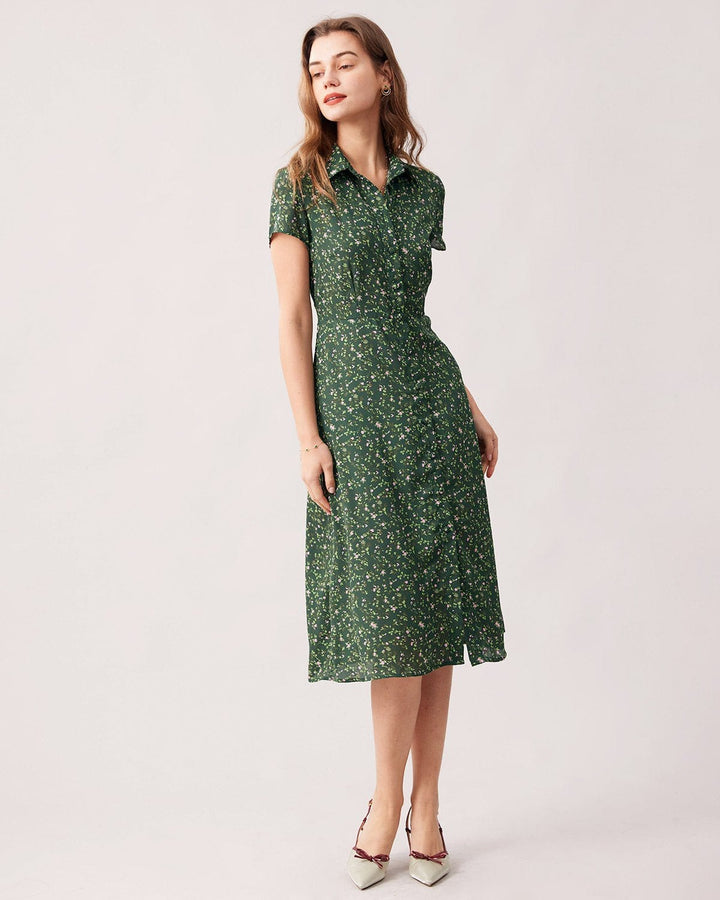 Elegante Abito Midi Floreale Colletto Maniche Corte