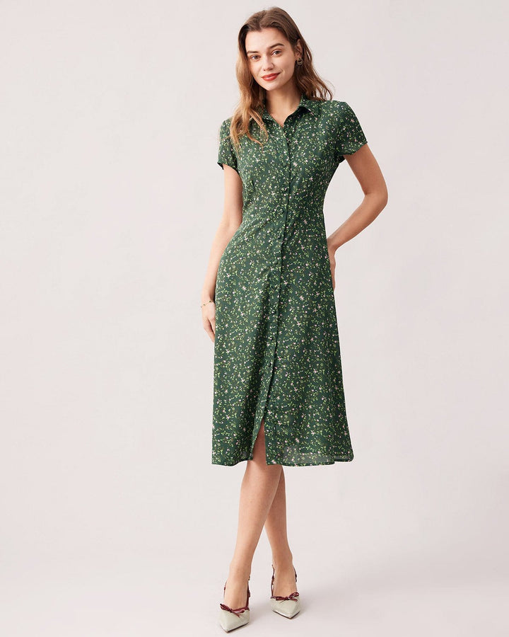 Elegante Abito Midi Floreale Colletto Maniche Corte