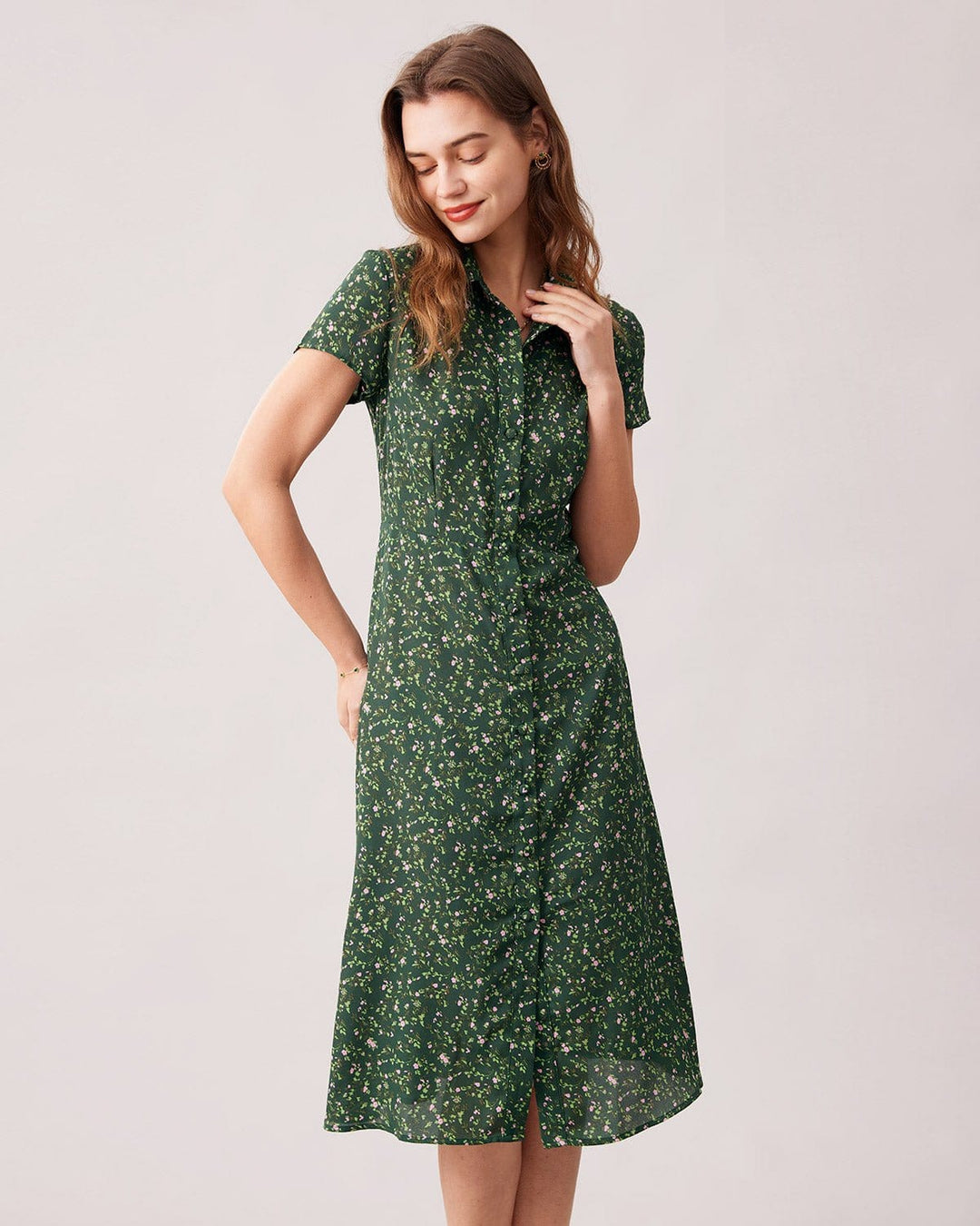 Elegante Abito Midi Floreale Colletto Maniche Corte