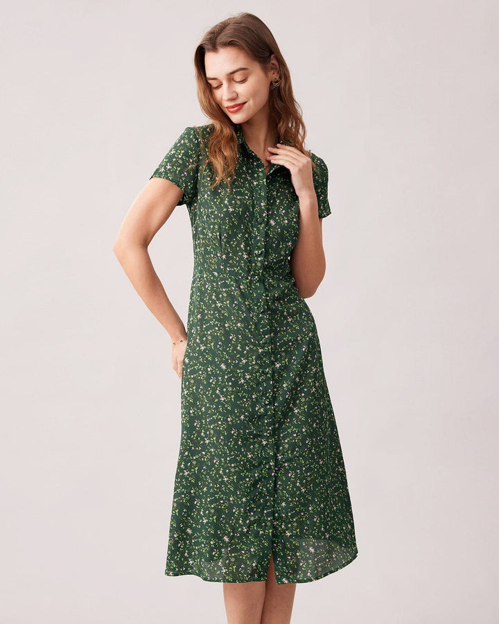 Elegante Abito Midi Floreale Colletto Maniche Corte
