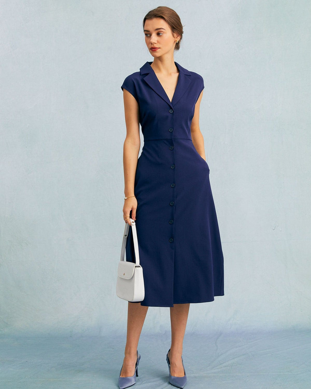 Abito midi donna blu elegante ufficio