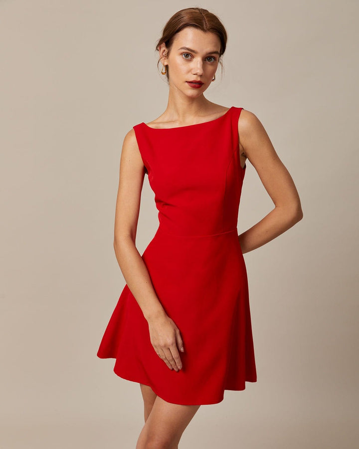 Elegante Abito Mini Rosso Scollo Barca Donna