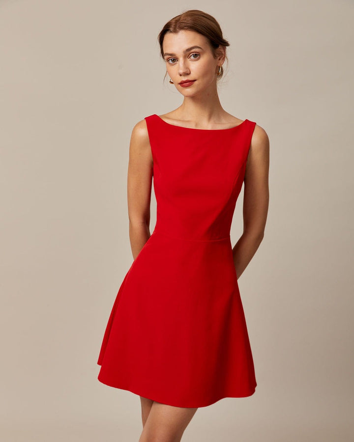 Elegante Abito Mini Rosso Scollo Barca Donna