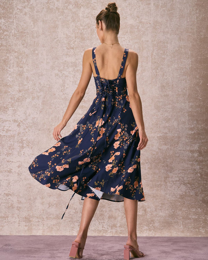 Elegante Abito Midi Floreale Navy Allacciato Arricciato