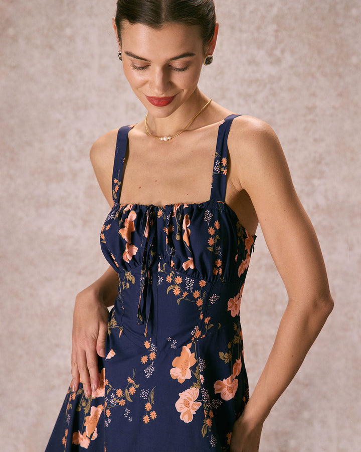 Elegante Abito Midi Floreale Navy Allacciato Arricciato