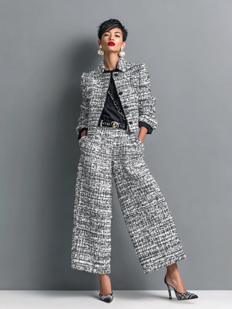 Tailleur Donna Suit in Tweed con Giacca Corta e Pantalone Palazzo