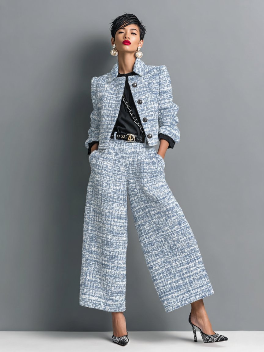 Tailleur Donna Suit in Tweed con Giacca Corta e Pantalone Palazzo