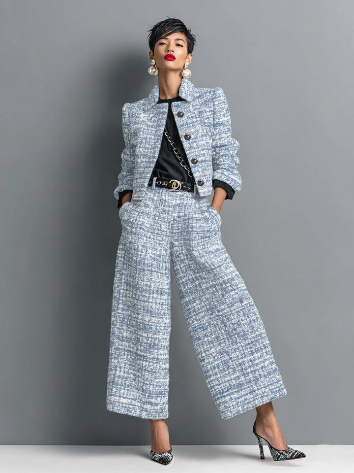 Tailleur Donna Suit in Tweed con Giacca Corta e Pantalone Palazzo