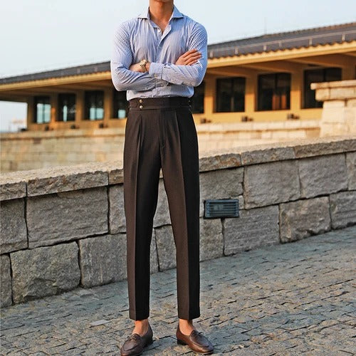 Elegante Pantalone Uomo Doppio Bottone Piega Regolatori Laterali