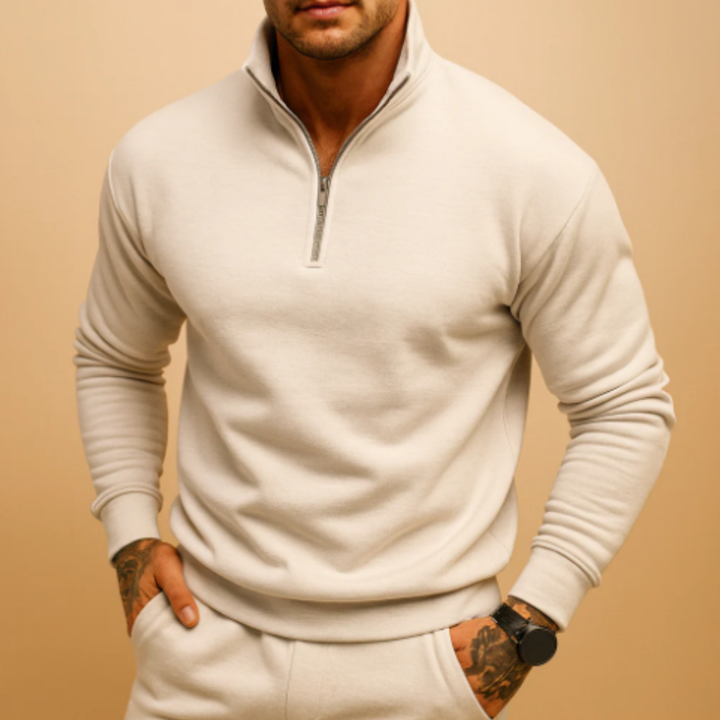 Maglione Uomo a Maglia con Mezza Zip e Polsini a Costine