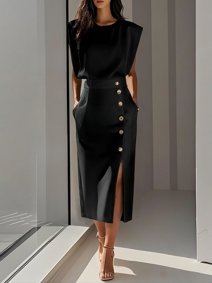 Elegante Abito Midi Scollo Rotondo Spacco