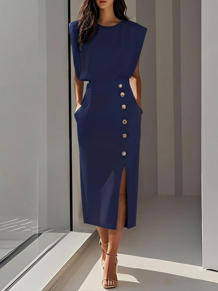 Elegante Abito Midi Scollo Rotondo Spacco