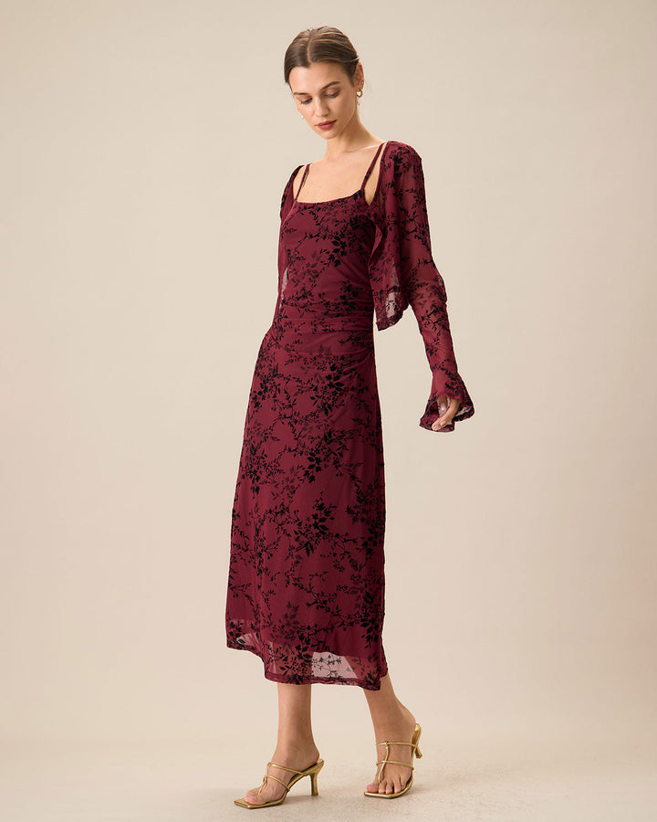 Elegante Abito Midi Floreale Rosso Bodycon Slip