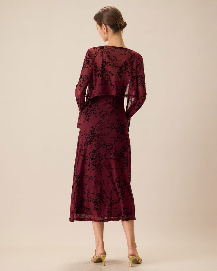 Elegante Abito Midi Floreale Rosso Bodycon Slip