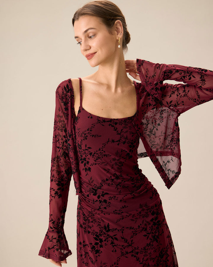 Elegante Abito Midi Floreale Rosso Bodycon Slip