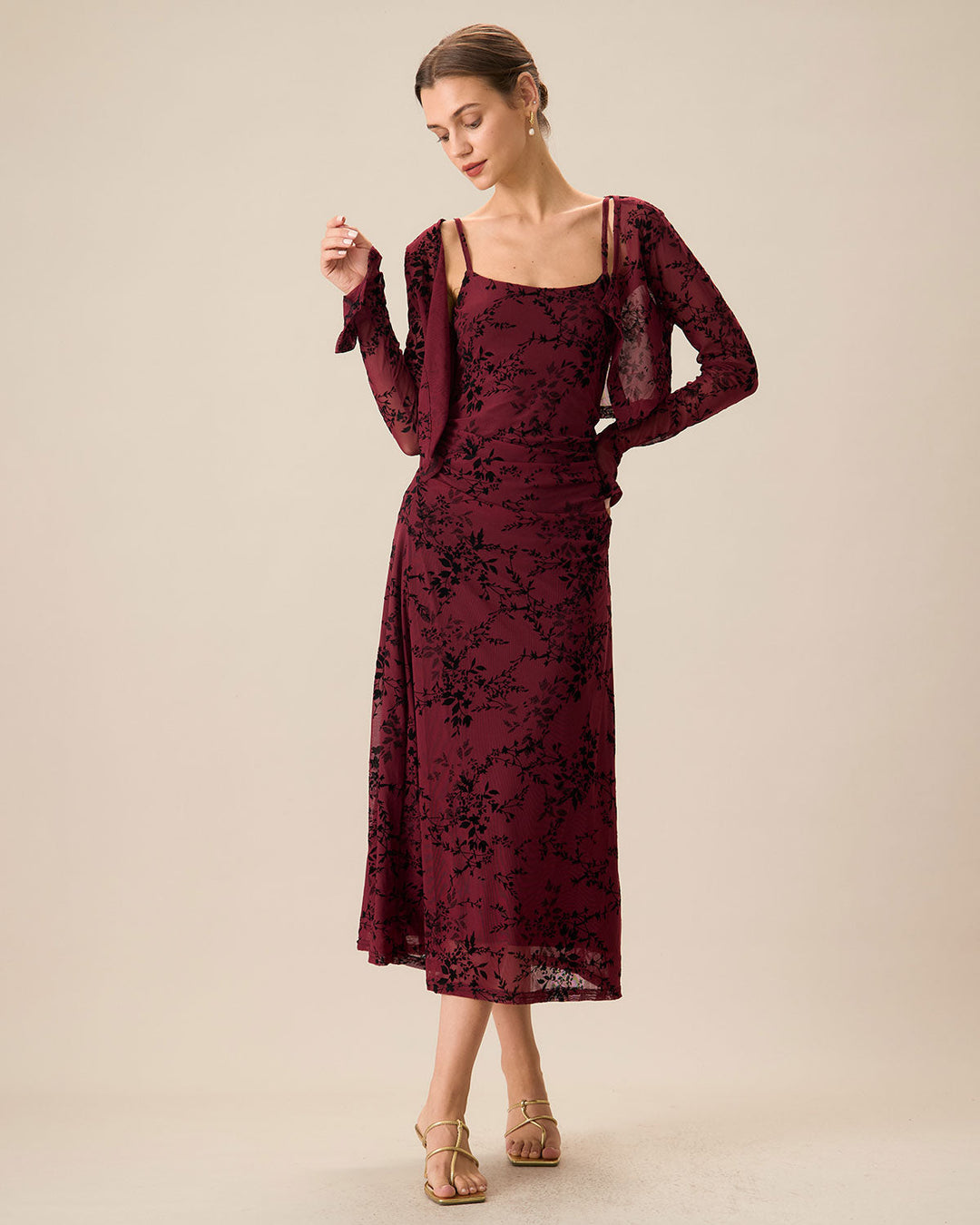 Elegante Abito Midi Floreale Rosso Bodycon Slip