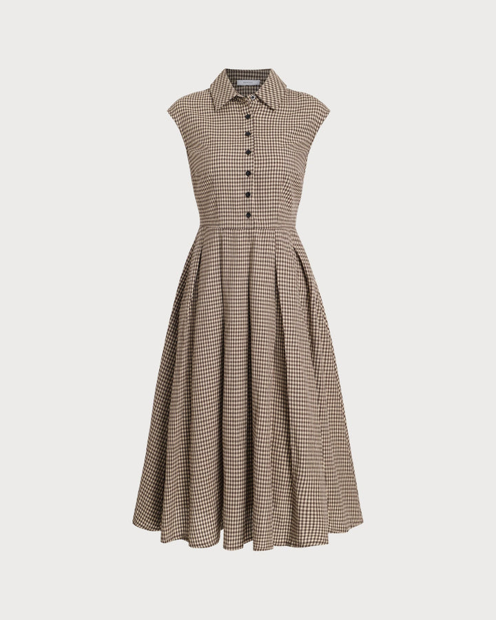 Classico Abito Midi Marrone Scozzese Bottoni Donna