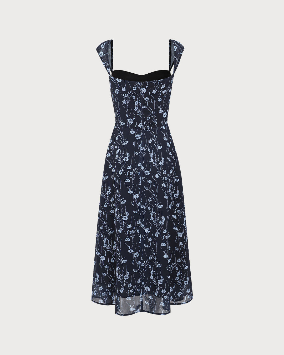 Elegante Abito Midi Floreale Navy Scollo Cuore