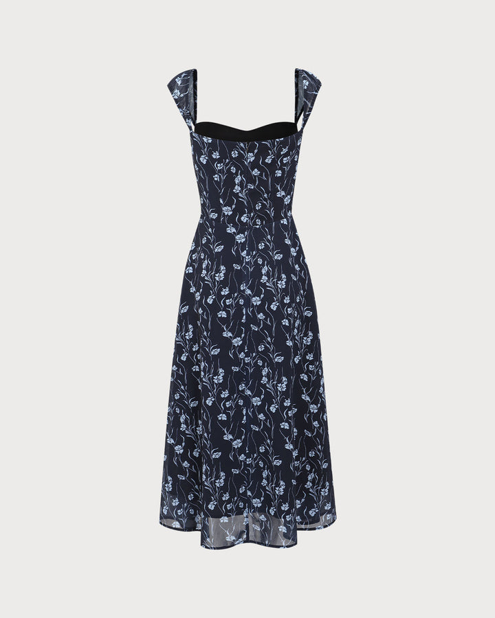 Elegante Abito Midi Floreale Navy Scollo Cuore