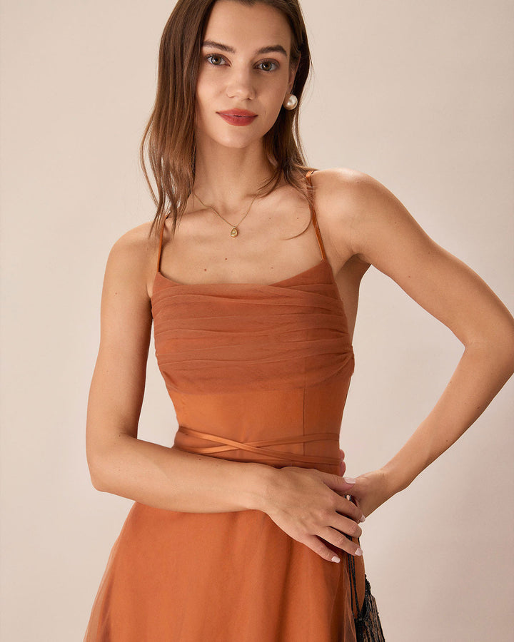 Abito midi donna elegante caramello